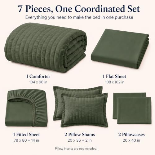 CozyLux King Size Comforter Set 7 Pieces Dark Green Seersucker Bed in a Bag - Image 2