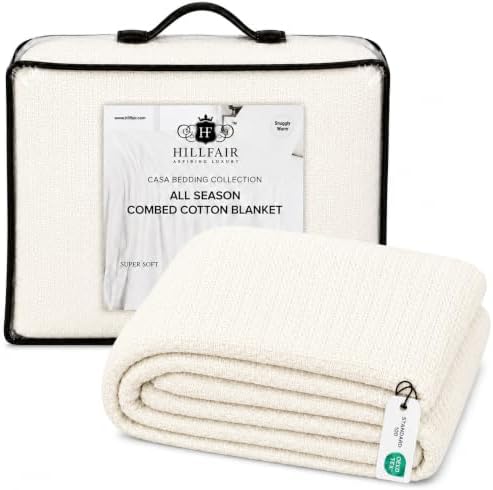 HILLFAIR 100% Combed Cotton Blanket– King Bed Blanket– Soft Cozy Warm Multipurpose Throws for Luxury Home Decor– 90 x 108 inch King Size Cotton Blankets for Beds- Bed Blankets for All Season- Ivory by HILLFAIR