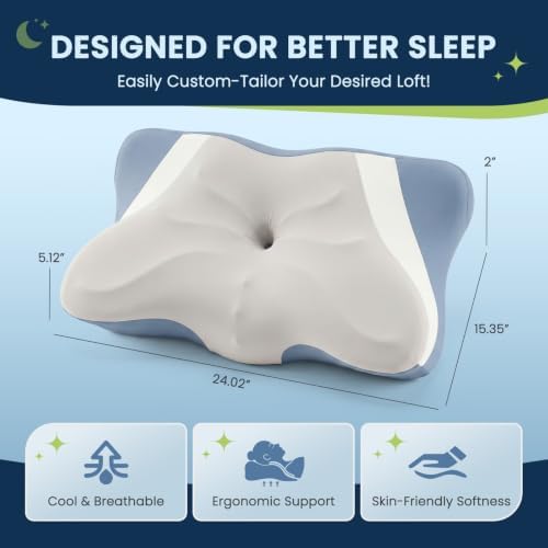 Sweetcrispy Queen Cervical Pillow for Neck and Shoulder - Ergonomic Memory Foam Pillows, Contour Side Sleeper for Adults, Cooling Orthopedic Neck Support for Back Stomach Sleepers, Grey & Blue - Image 2