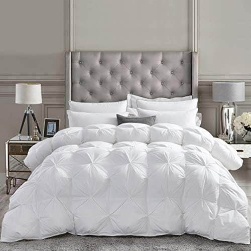 Luxurious All-Season Goose Down Feather Fiber Comforter Queen Size Duvet Insert, Exquisite Pinch Pleat Design, Premium Baffle Box, 100% Egyptian Cotton Cover, 55 oz. Fill Weight, White by EgyptianBedding