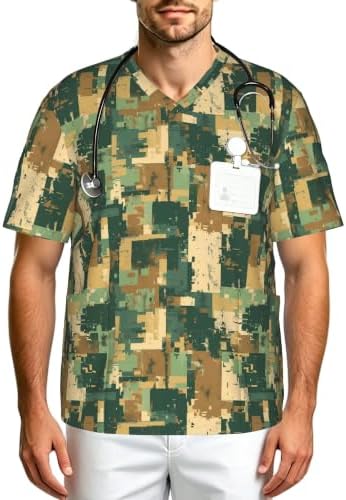Men's Scrub Top,V-Neck Spill Wrinkle Resistant,3 Pockets-Camouflage Pixelation (3) by Unknown