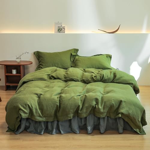 Simple&Opulence 100% French Flax Linen Duvet Cover Set with Embroidery Washed - 3 Pieces (1 Duvet Cover with 2 Pillow Shams) with Button Closure Soft Breathable Farmhouse - Olive, King Size by SimpleOpulence