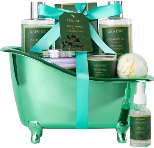 Home Spa Gift Basket - Eucalyptus- Spa Bath Kit 9pc Bath & Body Set For Men & Women, Contains Shower Gel, Shampoo, Scents Lotion, Body Oil, Bath Salt, flowers Bath Bomb, Spa Basket by ASINING