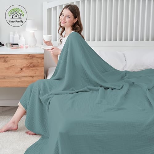 Cosy Family 100% Cotton Muslin Bed Blanket - Breathable and Lightweight Gauze Boho Blanket for Spring, Green, 80x90 Inches - Image 4