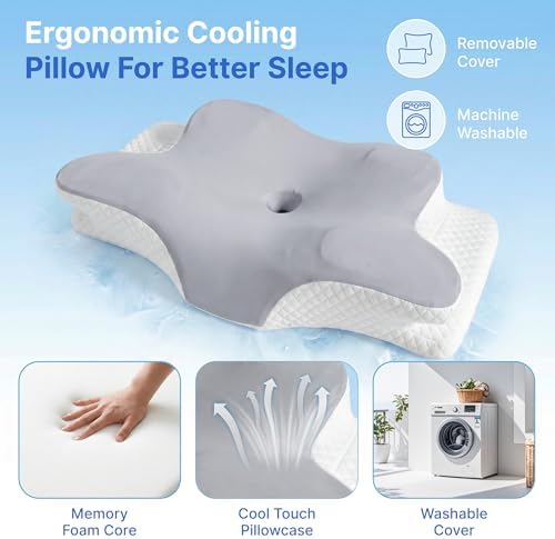Cervical Pillow for Neck Pain Relief, Orthopedic Memory Foam Pillow with Cooling Cover, Contour Ergonomic Support for Side Back Stomach Sleepers (Grey) - Image 3