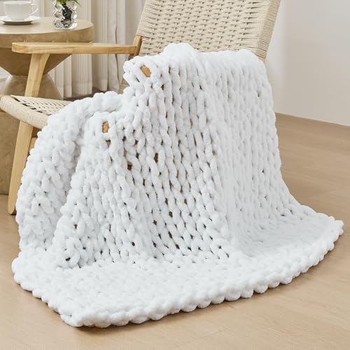 Bigacogo Chunky Knit Throw Blanket for Couch, 40x40 inches, Pure White by Bigacogo