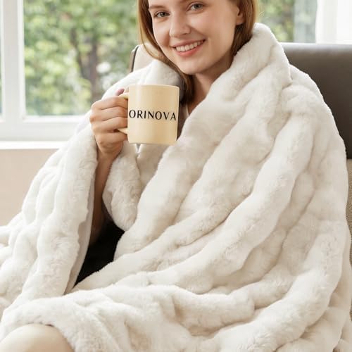 ORINOVA Light Beige Cozy Faux Fur Throw Blanket for Living Room Bedroom 50x60 Thick Ultra Soft Aesthetic Fuzzy Throw Blanket Fluffy Furry Bed Comforter Home Decor 860 GSM by ORINOVA