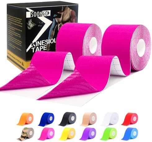 SOON GO Kinesiology Tape,2 ih x 16.4 ft Uncut athletic tape, Waterproof Breathable Latex-Free, Muscle Recovery & Joint Support, Pink (1/2/5 Rolls) by SOON+GO