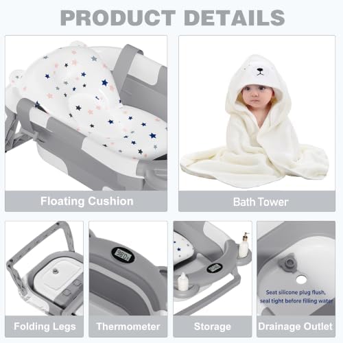 MoreFeel Collapsible Baby Bathtub for Newborn with Thermometer & 1 Hooded Towel & 1 Soft Floating Cushion,Portable Travel Bathtub with Drain Hole, Durable Foldable Baby Tubs for Infants to Toddler - Image 5