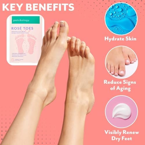Patchology Rosé Toes Moisturizing Foot Mask – Shea Butter & Strawberry Scented Booties for Dry, Cracked Feet, Disposable Spa Socks with Resveratrol for Soothing Foot Care, Self-Care Essentials - Image 2