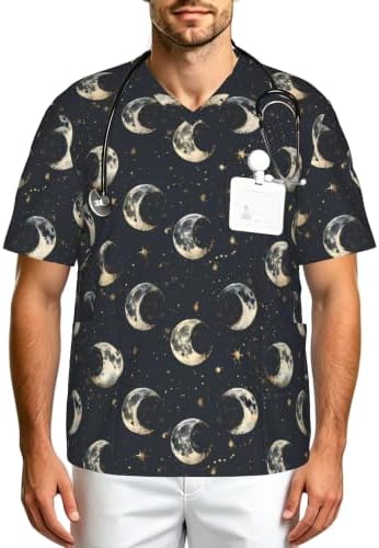 Men's Scrub Top,V-Neck Spill Wrinkle Resistant,3 Pockets-Moon Phase Pattern (10) by Unknown