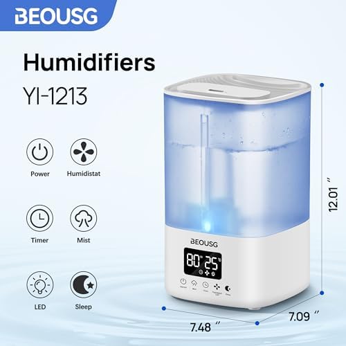 5L Top Fill Ultrasonic Humidifier,Cool Mist Humidifiers with Timer & Humidity Control for Bedroom, Baby, Large Rooms & Plants (White-2) - Image 2