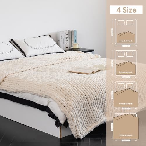 Chunky Knit Throw Blanket for Couch，80X90 Inches Cream - Image 3