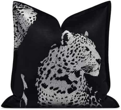 Velvet Throw Pillow Covers 18x18'' inches, New Upgrade Handmade Embroidered Cheetah Leopard Face Pillow Covers, Decorative Cushion Cover for Sofa Bed Living Room(Silver) by AIBUHOME