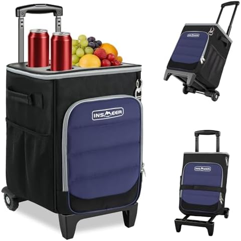 INSMEER 2-in-1 Rolling Cooler with Wheels, 60 Cans Collapsible Soft Sided Cooler on Wheels, Hard Top with 2 Cup Holders, Insulated 100% Leakproof Wheeled Cooler Bag for Beach Camping Outdoor by INSMEERDirect