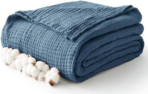 100% Cotton Muslin Blanket King 108" x 90", 6 Layers Breathable and Lightweight Cotton Throw Blanket for Bed, Soft Quilt Bedspread Coverlet, Gauze Blanket for Adults All Season, Dark Blue by Kozyhvn