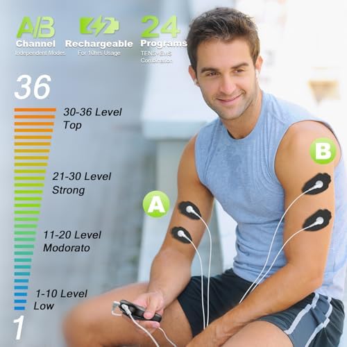 Dual Channel TENS EMS Unit 24 Modes 36 Levels, Upgraded Large Screen Intensity Muscle Stimulator for Back Neck Shoulder Pain Relief, Rechargeable Electric Pulse Massager TENS Machine with 10 Pads - Image 2