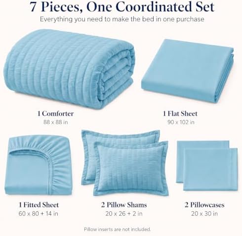 CozyLux Queen Comforter Set, 7 Pieces Sky Blue Seersucker Bed in a Bag - Image 2