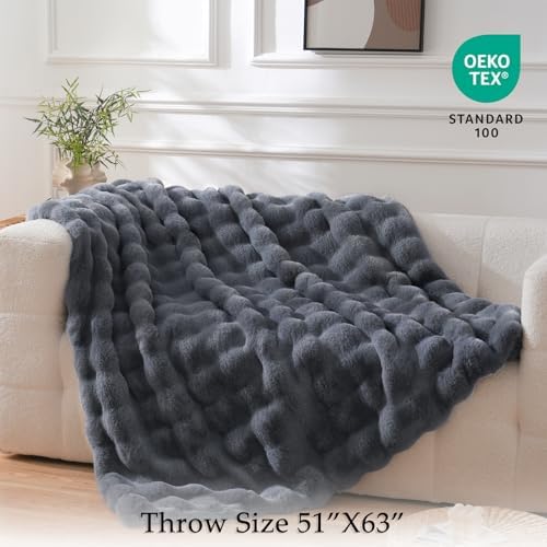 BENVWE Faux Fur Throw Blanket for Couch – Cozy Fuzzy Soft Plush Fluffy Thick Luxury Minky Bubble Blanket for Living Room Home Decor – Fathers Day Birthday Gifts for Women and Men, Grey, 51" x 63" - Image 2