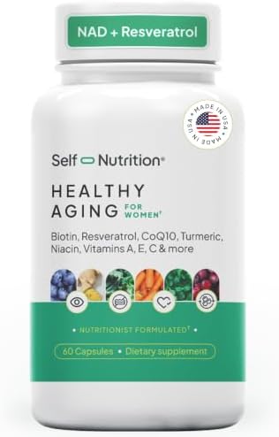 SELF NUTRITION NAD+ Resveratrol Supplement for Women – Healthy Aging Formula with CoQ10, Biotin, Turmeric & Vitamins A, C, E – Supports Energy, Skin & Longevity – 60 Capsules. Made in USA. by SelfNutrition