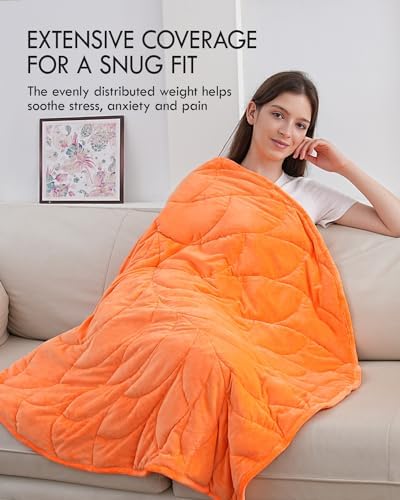 Kaisa Weighted Lap Blanket for Adults, 7lbs 41" x 53", Leaf Pattern, Orange - Image 2
