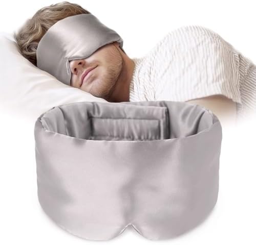 Silk Sleep Mask Soft Pressureless: 100% Mulberry Silk for Eye Skin Anti Wrinkles, Large Size for Total Blackout, Adjustable Wide Velcro Ear Cover by OLESILK