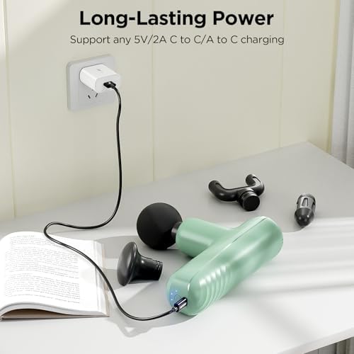 Mini Massage Gun, Powerful Handheld Muscle Massager for Muscle Relaxation, Deep Tissue Percussion Small Massage Gun Travel Massager with 4 Massage Heads Silent Brushless Motor, Green - Image 3