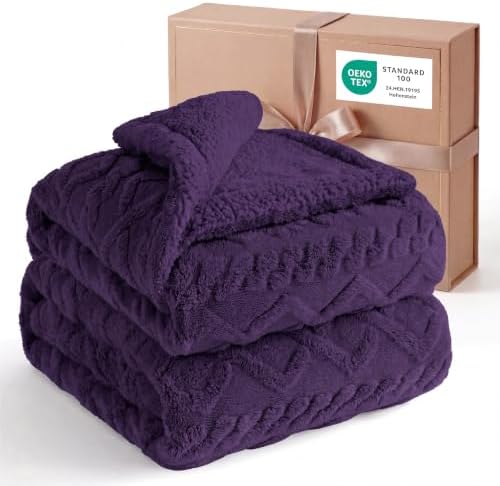 Bedsure Sherpa Fleece Blanket, Cable Jacquard Tufted, Warm, Purple, King by BEDSURE