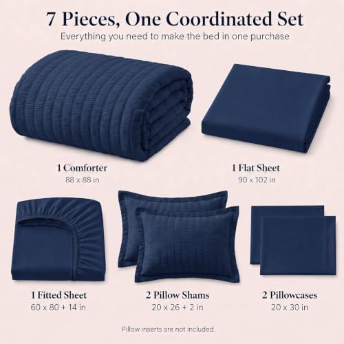 CozyLux Queen Comforter Set, 7 Pieces Navy Blue Seersucker Bed in a Bag - Image 2