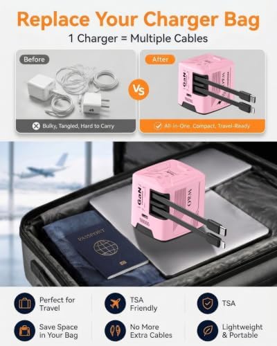 W & O 60W Gan Fast Charger Wall Plug, Built-in Retractable USB-C & L Cables - Image 5