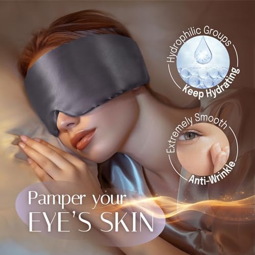 Silk Sleep Mask Soft Pressureless: 100% Mulberry Silk for Eye Skin Anti Wrinkles, Large Size for Total Blackout, Adjustable Wide Velcro Ear Cover, Charcoal - Image 2
