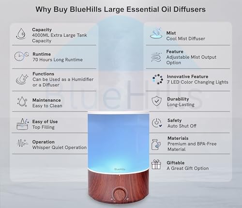 BlueHills 4000 ML Premium 4L XL Essential Oil Diffuser Humidifier Dark Wood - Image 2