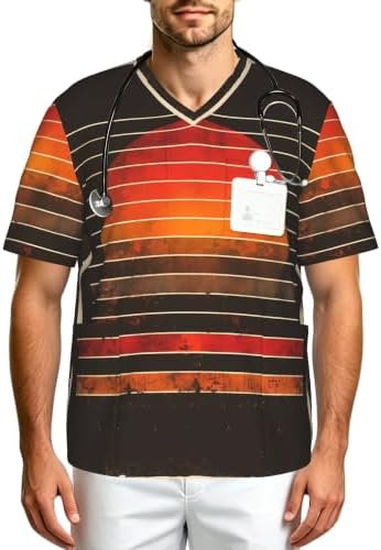 Men's Scrub Top,V-Neck Spill Wrinkle Resistant,3 Pockets-Retro Sunset Stripes (2) by Unknown