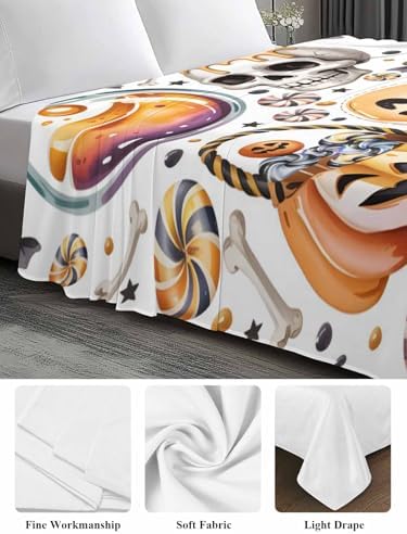 Halloween California King Flat Sheet Candy Pumpkin Flat Sheets Only Soft Bedding Top Sheets Hotel Quality Witch Hat Eyeball Skull Ghost Cal King Bed Sheet for All Season Bedroom Dorm Halloween Decor - Image 3