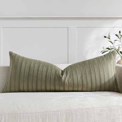 DEZENE 14x36 Olive Green Lumbar Pillow Covers Soft Striped Corduroy Spring Summer Outdoor Rectangular Long Body Pillow Cases for Couch Sofa Bedroom Living Room Home Decor by DEZENE