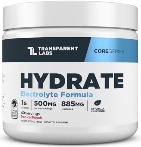 Transparent Labs Hydrate Naturally Sweetened Electrolytes Powder - Hydration Powder Electrolytes with Coconut Water, Calcium, Taurine, & Potassium - 40 Servings, Tropical Punch by TransparentLabs