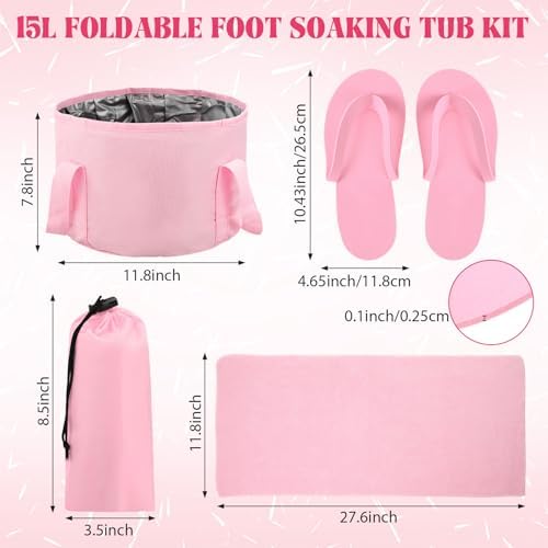FillTouch 6 Sets Pink Foldable Foot Bath Kit with 15L Foot Soaking Tub Collapsible Towels Women Adult Foldable Slippers Portable Bag Spa Soak Pedicure Bath for Spa Party Sleepover Party Supplies - Image 2
