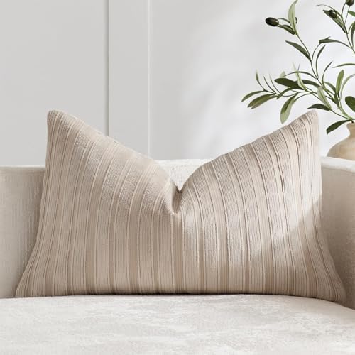 DEZENE 14x24 Taupe Lumbar Pillow Covers Soft Striped Corduroy Neutral Rectangular Throw Pillow Cases for Couch Sofa Bedroom Living Room Home Decor by DEZENE