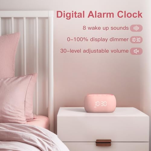 ANJANK White Noise Sound Machine Alarm Clock with Bluetooth Speaker, Hi-Fi Stereo Sound, 21 Soothing Sounds/7 Night Lights, 0-100% Dimmer/Sleep Timer, Soother for Teens Kids Girls, Bedroom, Pink - Image 6