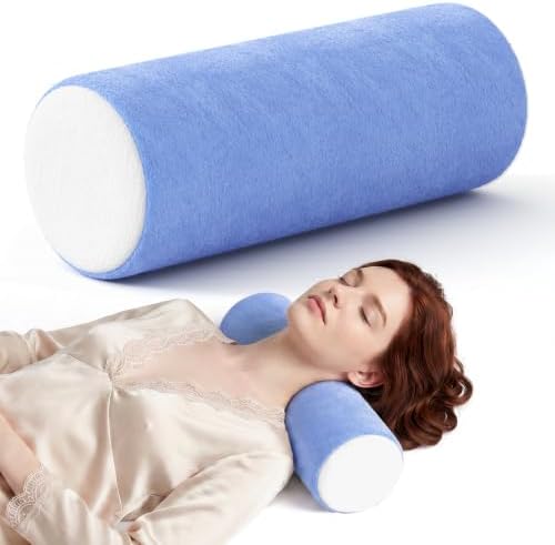Neck Roll Cervical Pillow for Neck Pain Relief - Memory Foam Neck Pillow for Bed, Round Neck Pillows for Sleeping, 15.7 * 6 * 6inch (Blue-White) by Forcanby