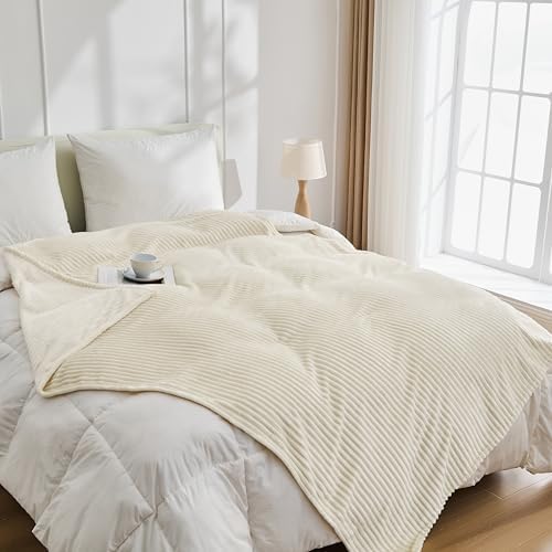 Bnuitland Fleece Throw Blanket for Couch, 300GSM Soft Warm Cozy Fluffy Ivory Throw for Adults & Kids, Stripe Pattern 50"x60", All Season Sofa Bed Blanket for Home Decor - Image 3