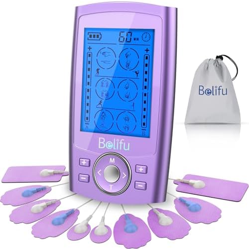 Belfiu TENS & PMS 24 Modes Muscle Stimulator for Pain Relief Therapy, Electronic Pulse Massager Muscle Massager with 10 Pads, Dust-Proof Drawstring Storage Bag, Fastening Cable Ties by Belifu