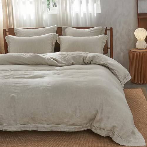 Simple&Opulence 100% Linen Duvet Cover Set with Embroidery Border Washed - 3 Pieces (1 Duvet Cover with 2 Pillow Shams) with Button Closure Soft Breathable Farmhouse - Linen, Full Size by SimpleOpulence