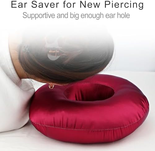 Silky Satin Piercing Pillow Ear Pillows Donut with Hole for Ear Pain CNH Piercing Pain Relief Sleeping Pressure Sore Side Sleepers Smooth Cooling Ear Guard Protector, Burgundy - Image 2