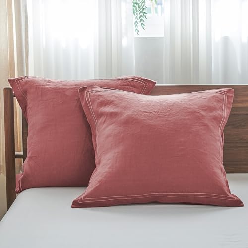 Simple&Opulence 100% French Linen Euro Shams with Embroidery (26'' x 26'') - Pack of 2 - Pre Washed Solid Color Natural Flax Soft Breathable - Coral Red by SimpleOpulence