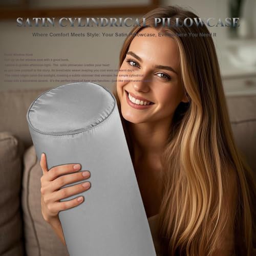 Satin Cylinder Pillowcase | Silk-Like Roll Bolster Pillow Cover with Hidden Zipper | Neck Roll Covers for Hair & Skin Friendly（ Silver gray18 x 6" ） - Image 2
