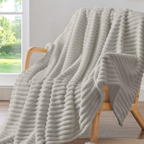 BEDELITE Ribbed Fleece Throw Blanket for Couch, Light Grey, 50"x60" by BEDELITE