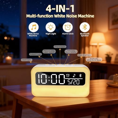4-in-1 Night Light for Kids Adults, White Noise Sound Machine with 24 Soothing Sounds Portable Rechargeable Adjustable Brightness Light, Bluetooth Speaker Time Display, App Control - Image 4