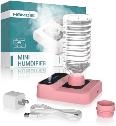 Travel Humidifier, Portable Small Humidifier for Plants, Bedroom, Office, Hotel or Car, Battery Operated Mini Cool Mist Humidifiers, Quiet 23dB, Auto-off, Night Light and BPA-Free, Pink by HOMDIS