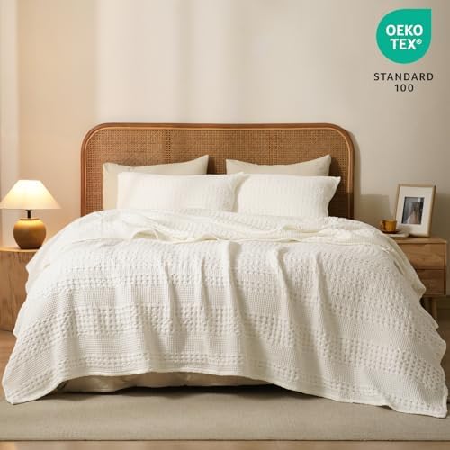 PHF Lightweight 100% Cotton Waffle Blanket for Bed, Queen, Ivory - Image 5